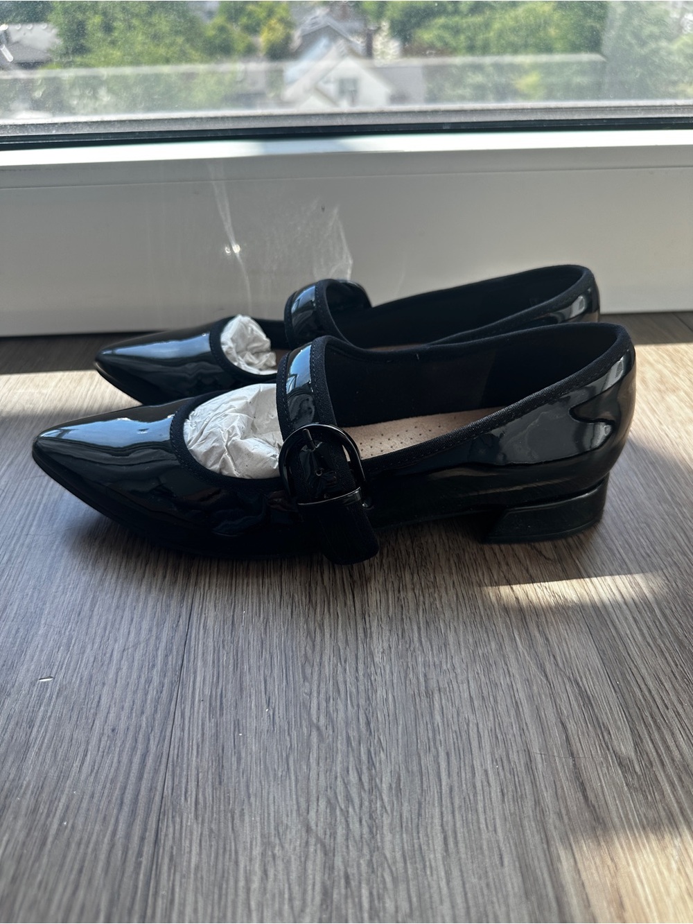 Clarks Black Patent Pointed-Toe Mary Jane Loafers with Buckle